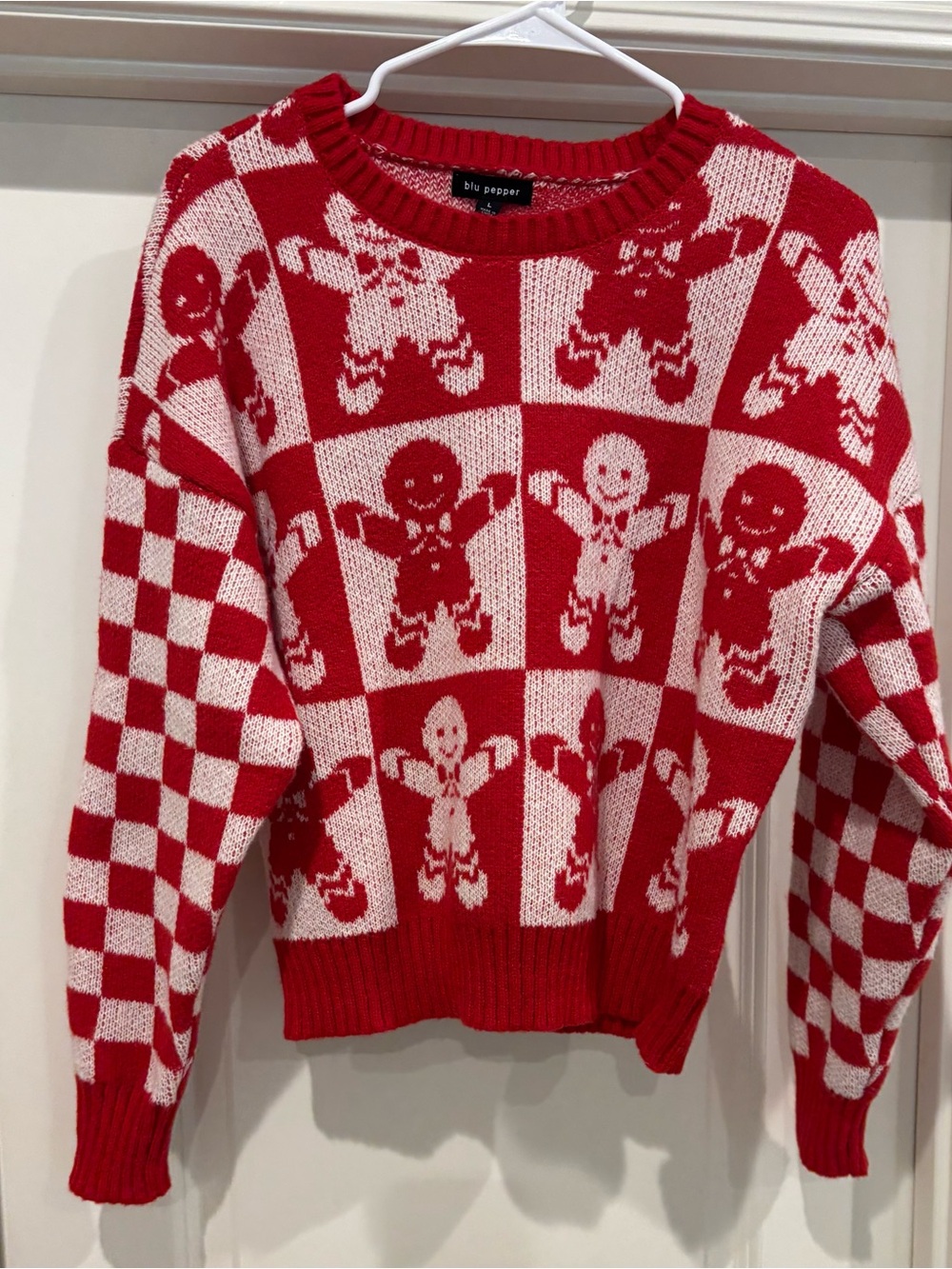 Blu Pepper Red & White Gingerbread Checkerboard Crewneck Sweater